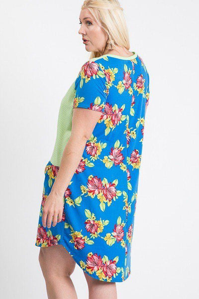 Short Sleeve Floral Blocked Midi Dress With Front Pocket - AMIClubwear