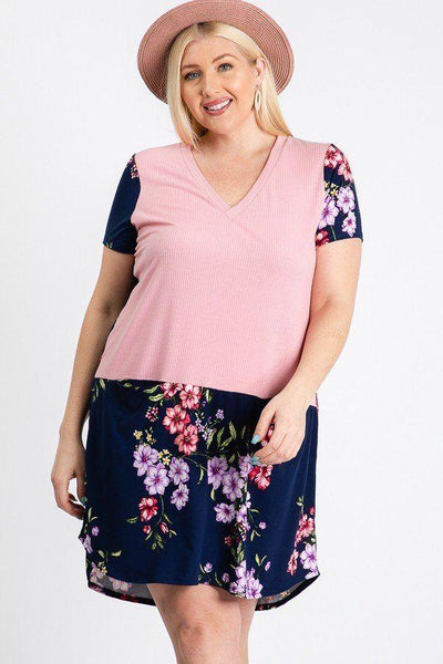 Short Sleeve Floral Blocked Midi Dress With Front Pocket - AMIClubwear