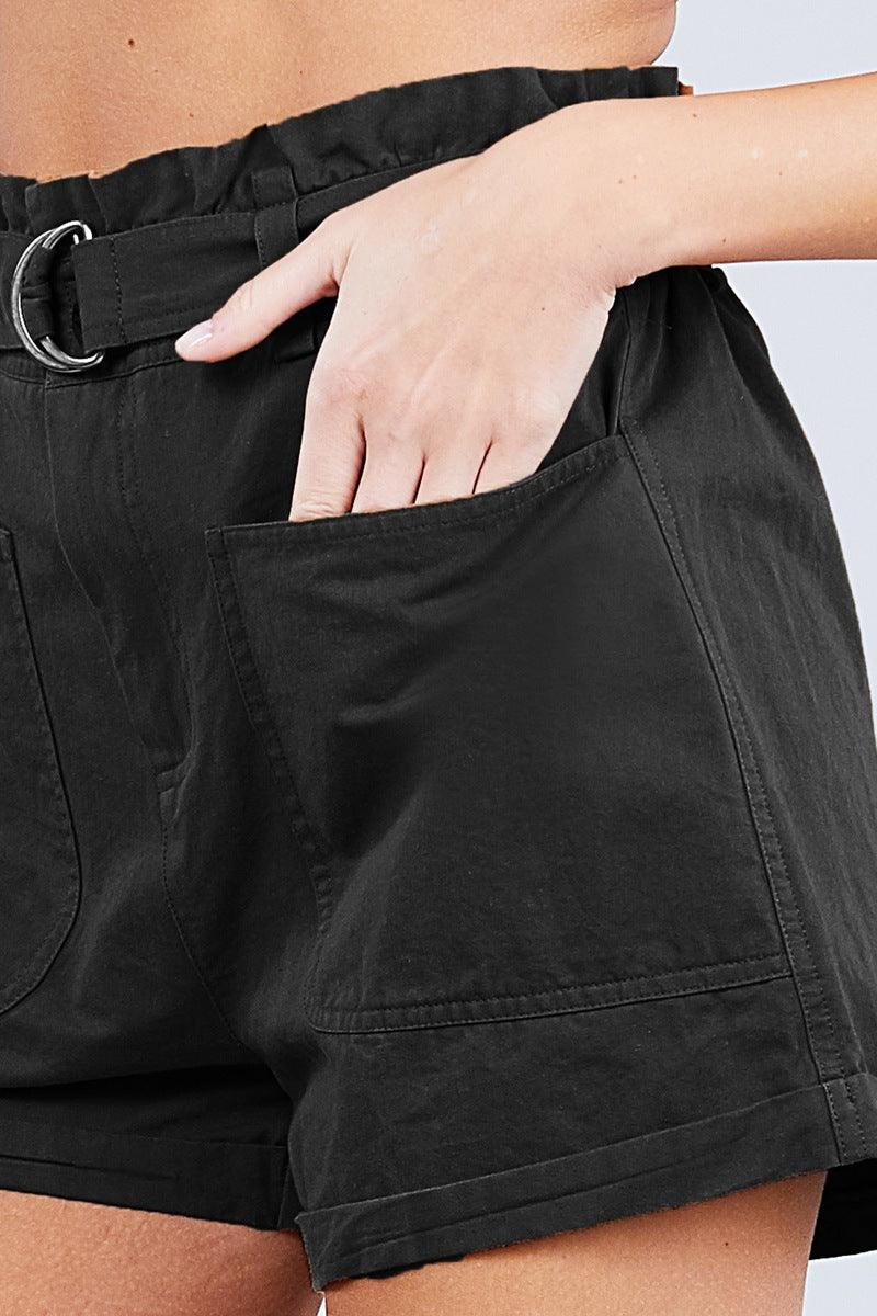 Side Pocket Rolled Up Paper Bag Cotton Short Pants - AMIClubwear