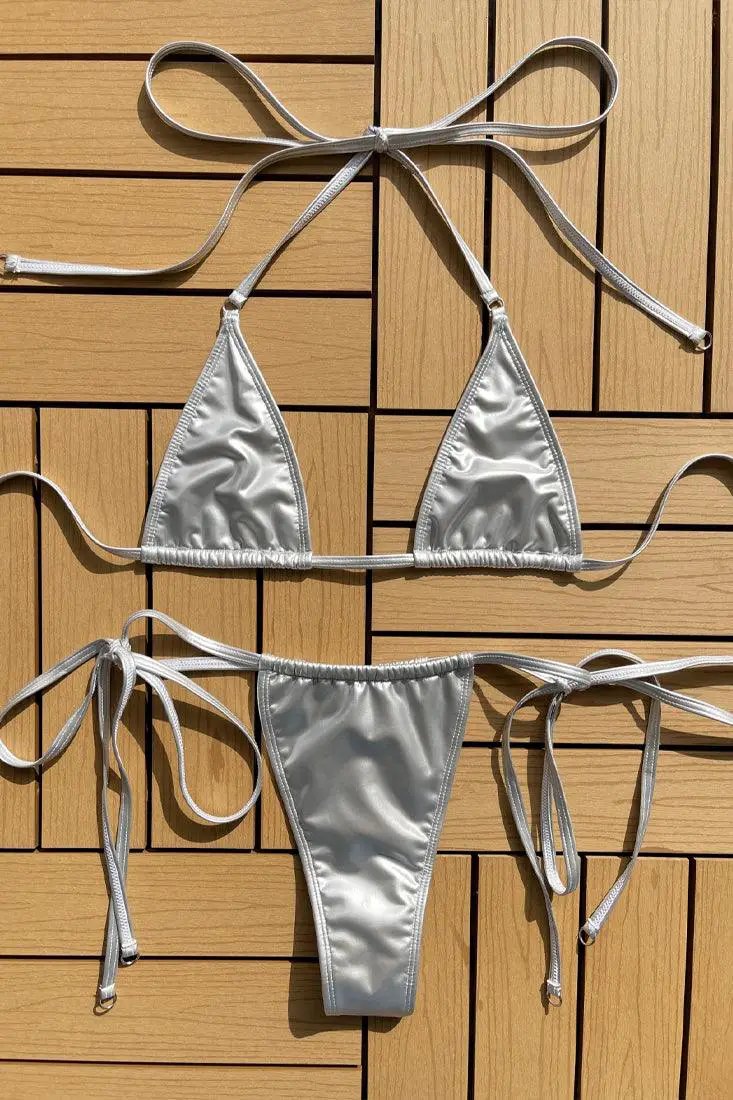 Silver Faux Leather Ultra Sexy Micro String Bikini Thong 2Pc Swimsuit