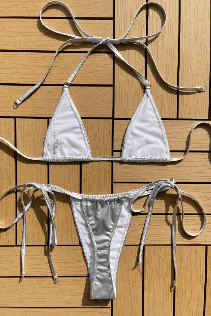 Silver Faux Leather Ultra Sexy Micro String Bikini Thong 2Pc Swimsuit
