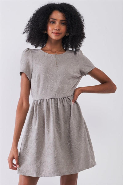 Silver Grey Floral Embroidery Round Neck Short Sleeve Mini Dress - AMIClubwear