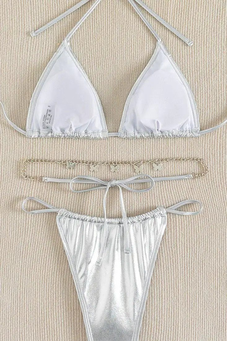 Silver Metallic Butterfly Body Chain Ultra Cheeky 3Pc Bikini Swimsuit Set