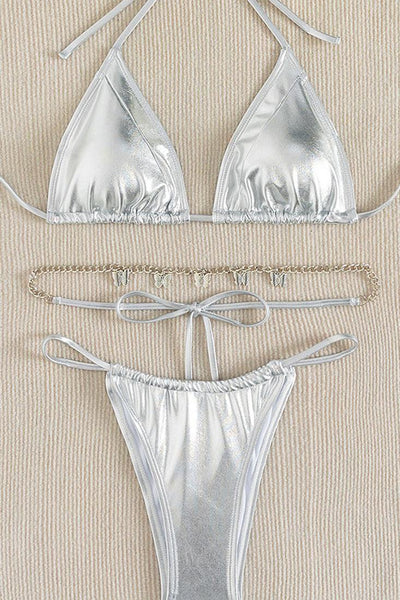 Silver Metallic Butterfly Body Chain Ultra Cheeky 3Pc Bikini Swimsuit Set - AMIClubwear