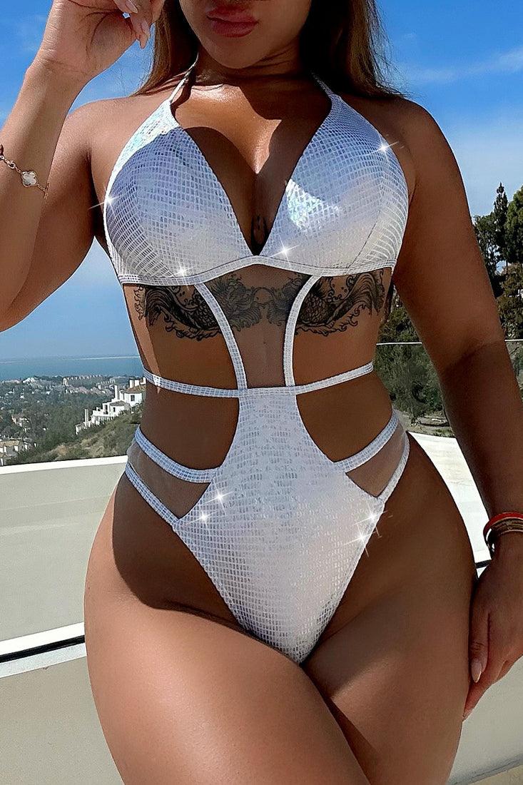 Silver Metallic Holographic Strappy Mesh Cheeky 1Pc Swimsuit Monokini - AMIClubwear