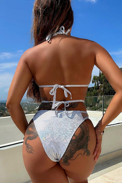 Silver Metallic Holographic Strappy Mesh Cheeky 1Pc Swimsuit Monokini - AMIClubwear