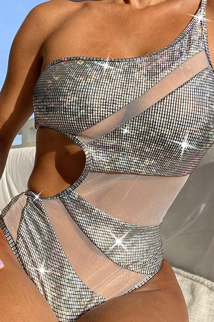 Silver Metallic Mesh One Shoulder Cut Out Monokini 1Pc Swimsuit - AMIClubwear