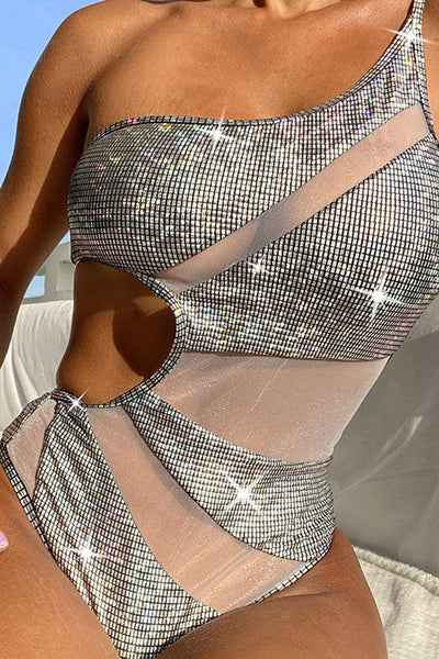 Silver Metallic Mesh One Shoulder Cut Out Monokini 1Pc Swimsuit - AMIClubwear