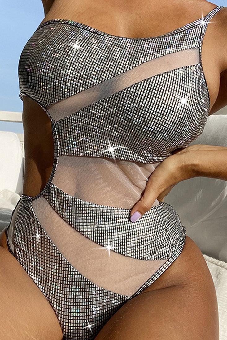 Silver Metallic Mesh One Shoulder Cut Out Monokini 1Pc Swimsuit - AMIClubwear