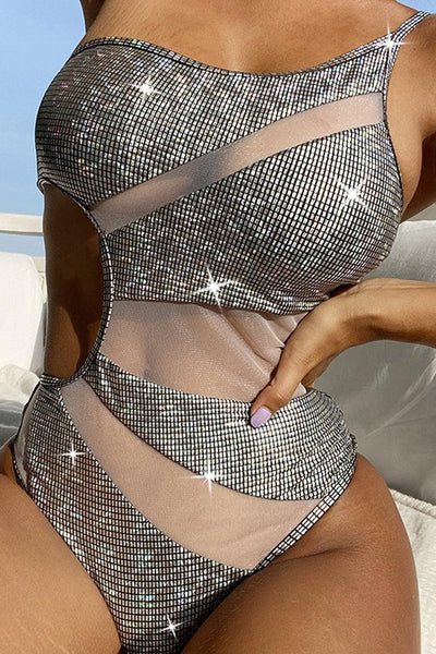 Silver Metallic Mesh One Shoulder Cut Out Monokini 1Pc Swimsuit - AMIClubwear