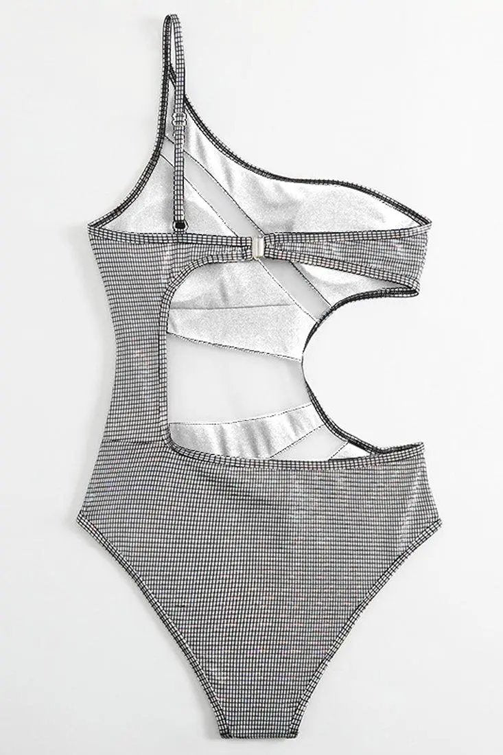 Silver Metallic Mesh One Shoulder Cut Out Monokini 1Pc Swimsuit