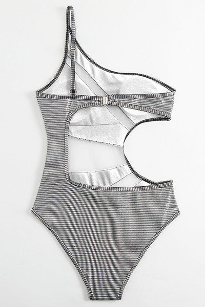 Silver Metallic Mesh One Shoulder Cut Out Monokini 1Pc Swimsuit - AMIClubwear