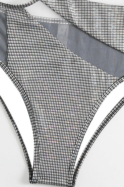 Silver Metallic Mesh One Shoulder Cut Out Monokini 1Pc Swimsuit - AMIClubwear