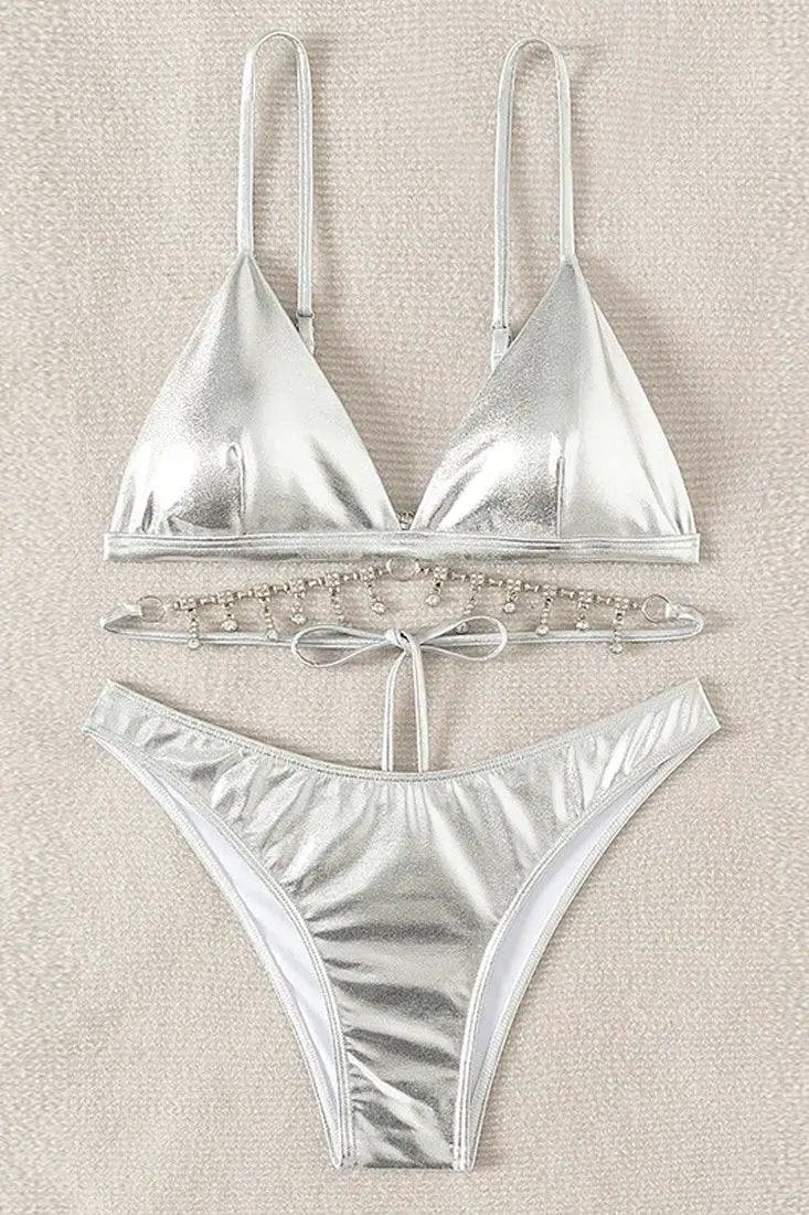 Silver Metallic Rhinestones Strappy Cheeky 2Pc Swimsuit Set