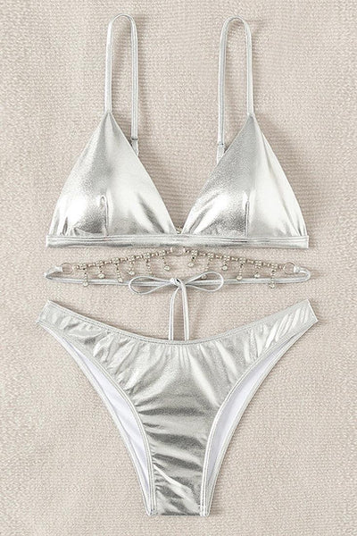 Silver Metallic Rhinestones Strappy Cheeky 2Pc Swimsuit Set - AMIClubwear