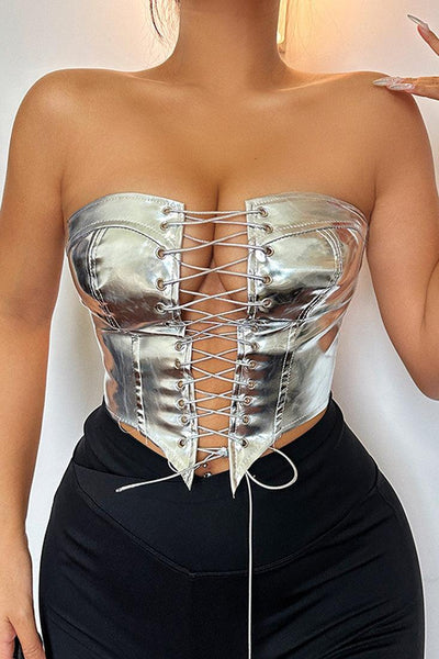 Silver Mirrored Metallic Lace-Up Corset Top - AMIClubwear