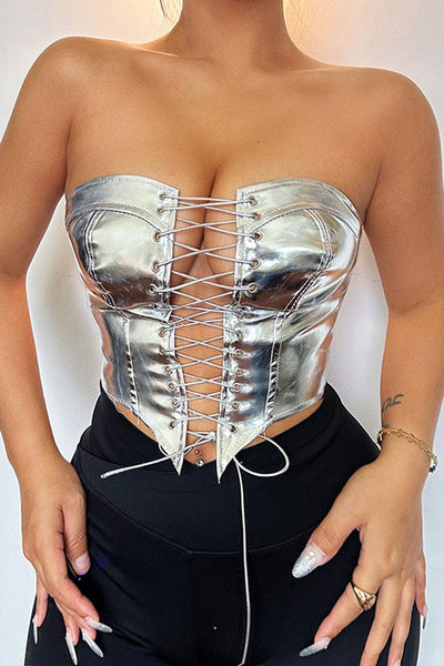 Silver Mirrored Metallic Lace-Up Corset Top - AMIClubwear