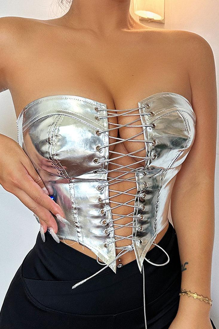 Silver Mirrored Metallic Lace-Up Corset Top - AMIClubwear