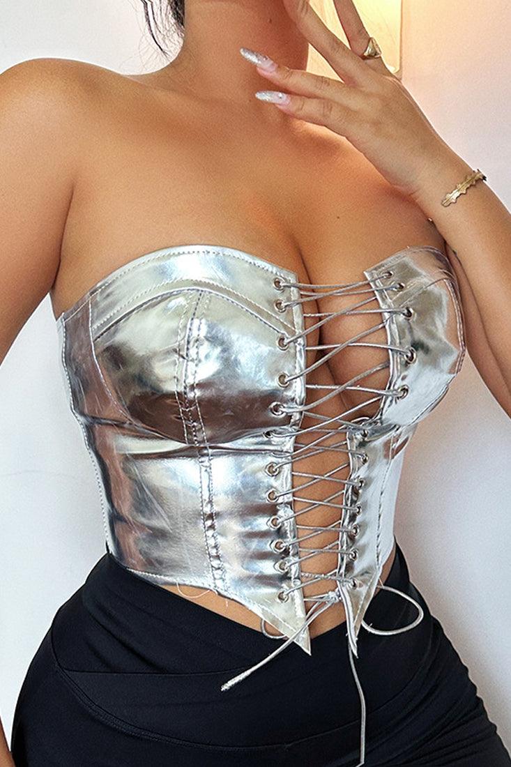 Silver Mirrored Metallic Lace-Up Corset Top - AMIClubwear