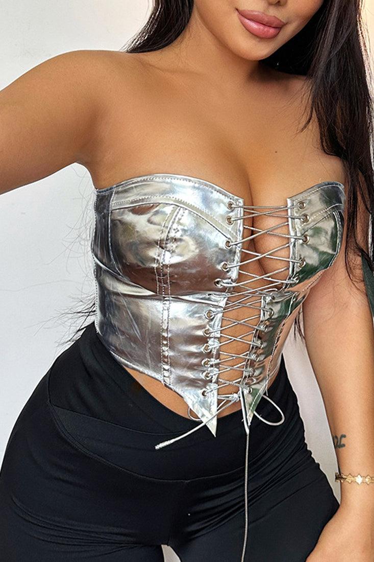 Silver Mirrored Metallic Lace-Up Corset Top - AMIClubwear