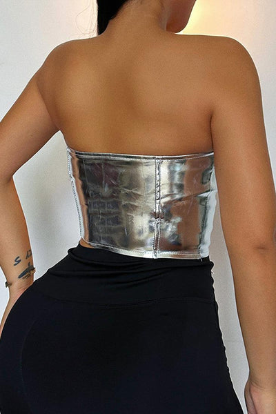 Silver Mirrored Metallic Lace-Up Corset Top - AMIClubwear