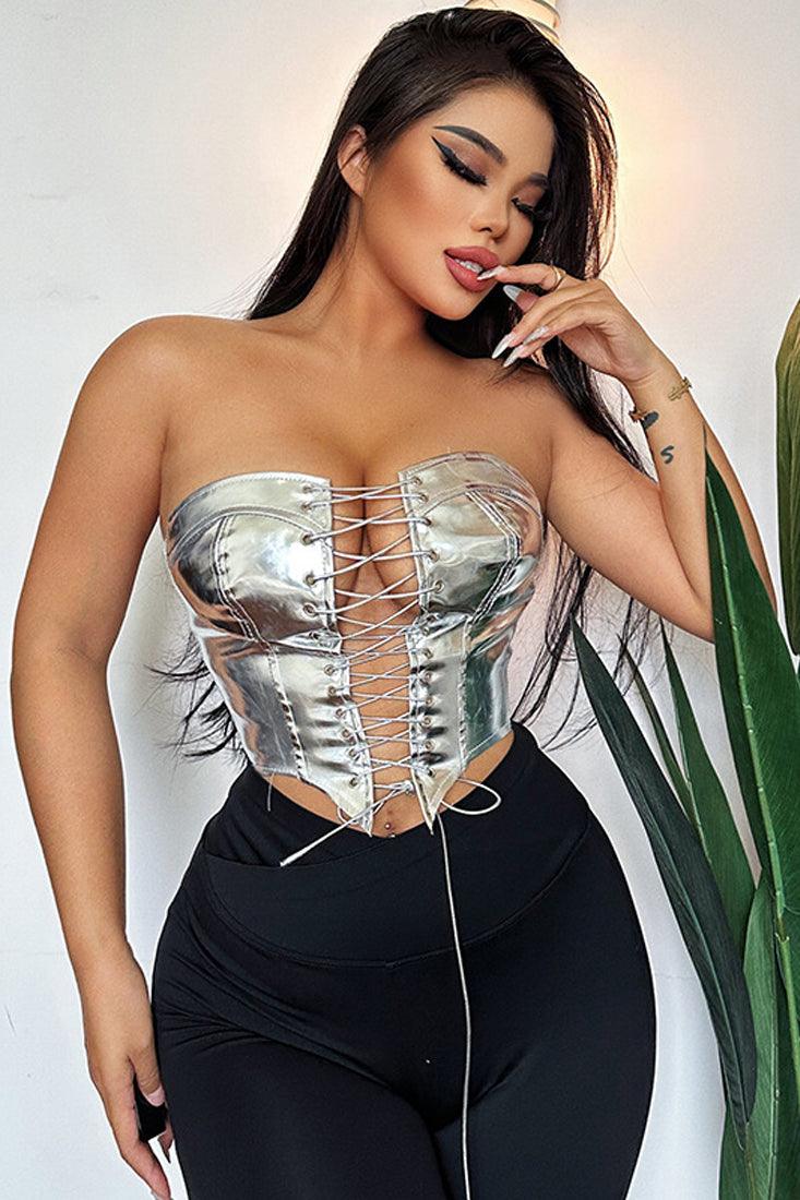 Silver Mirrored Metallic Lace-Up Corset Top - AMIClubwear