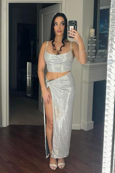 Silver Sleeveless Cropped Metallic Sequin Knotted Two Piece Dress - AMIClubwear