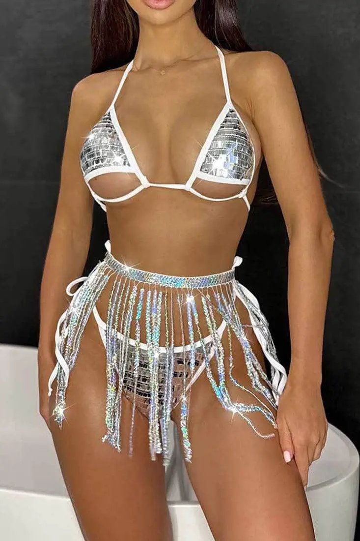 Silver White Sequin Cut-Out Strap Fringe 3Pc Swimsuit Set Bikini