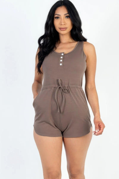 Sleeveless Drawstring Waist Button Tank Romper - AMIClubwear