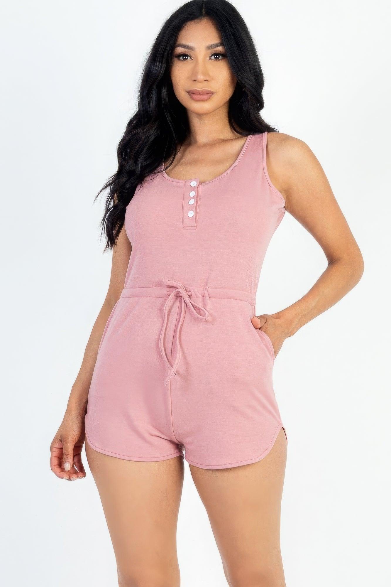 Sleeveless Drawstring Waist Button Tank Romper - AMIClubwear