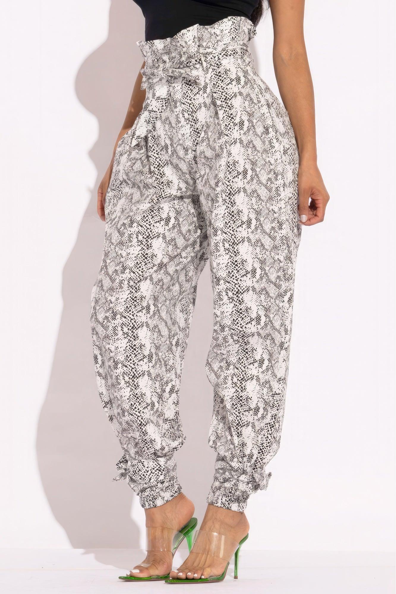 Snake Skin Printed Paper Bag Style Cargo Pants - AMIClubwear