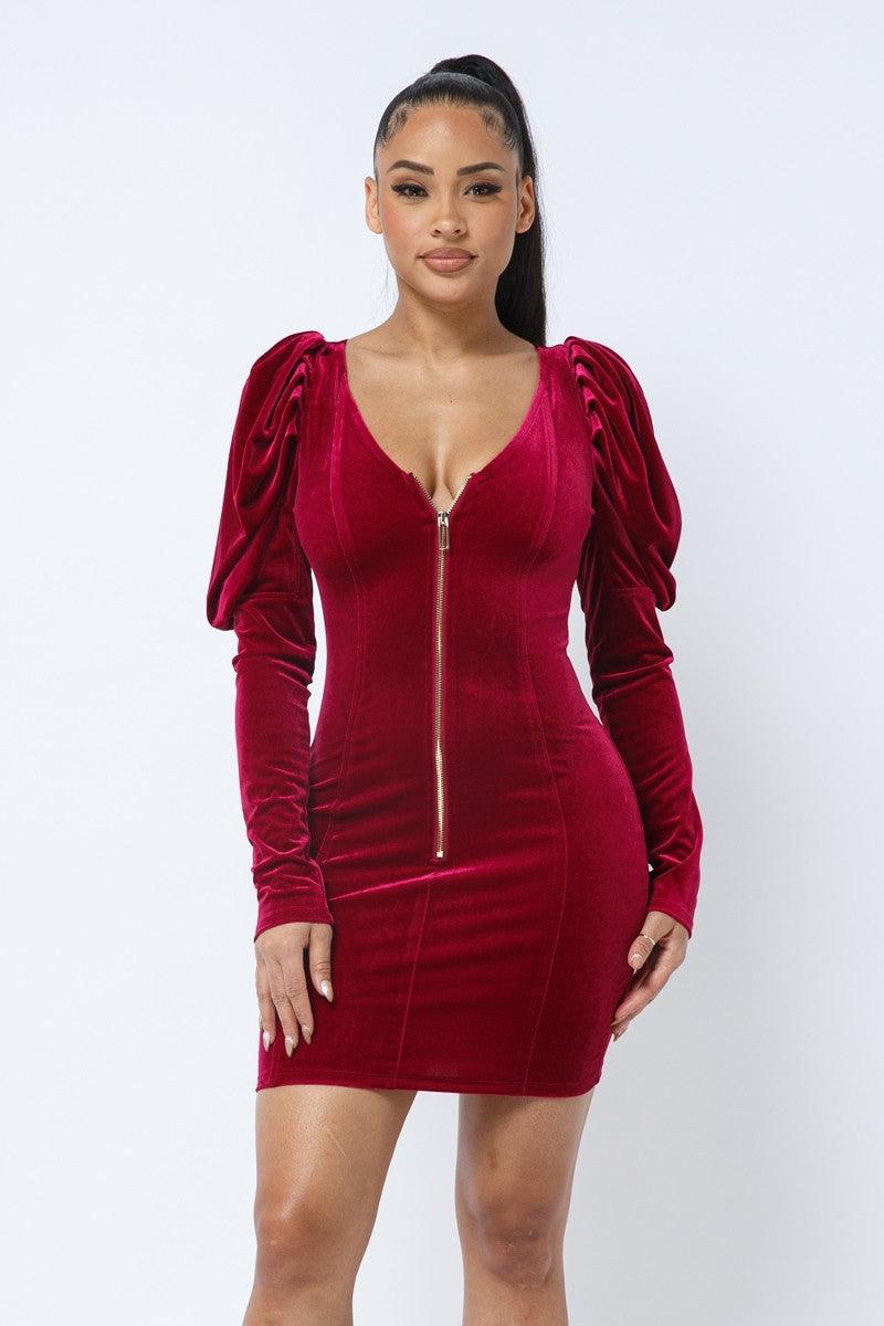 Soft Velvet Pleated Puff Sleeve Low V Neck Front And Back Mini Dress - AMIClubwear