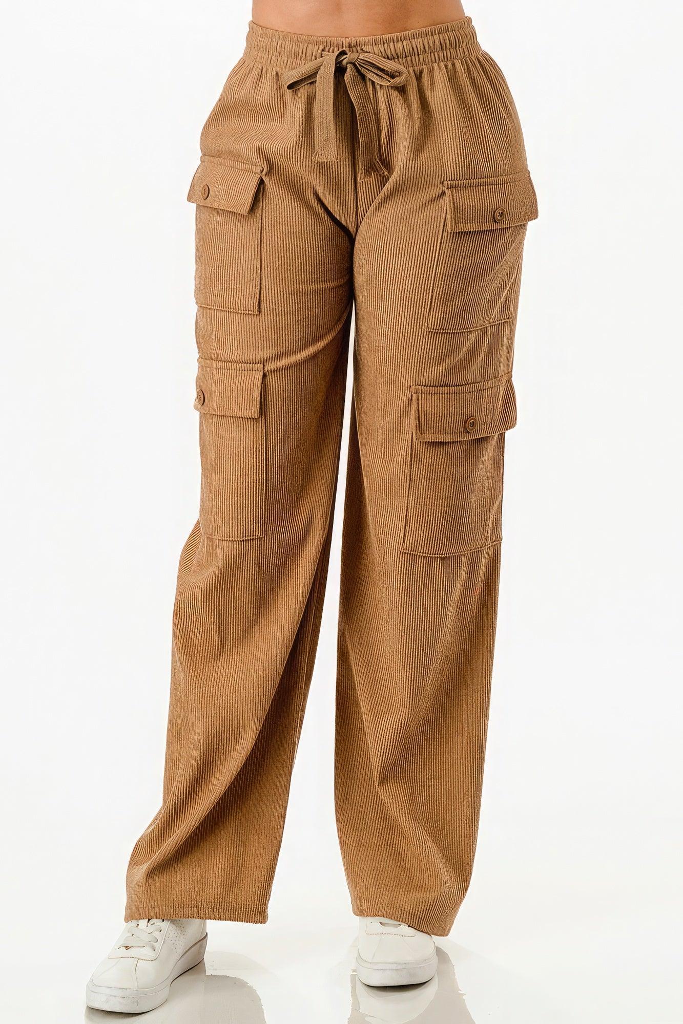 Solid Corduroy Cargo Pants - AMIClubwear