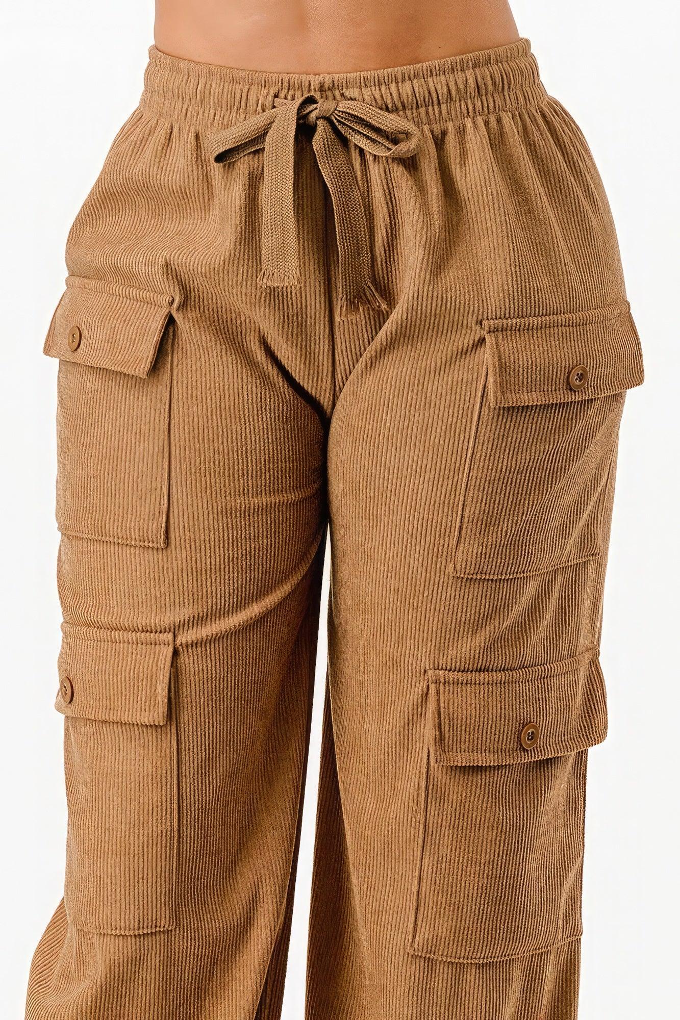 Solid Corduroy Cargo Pants - AMIClubwear