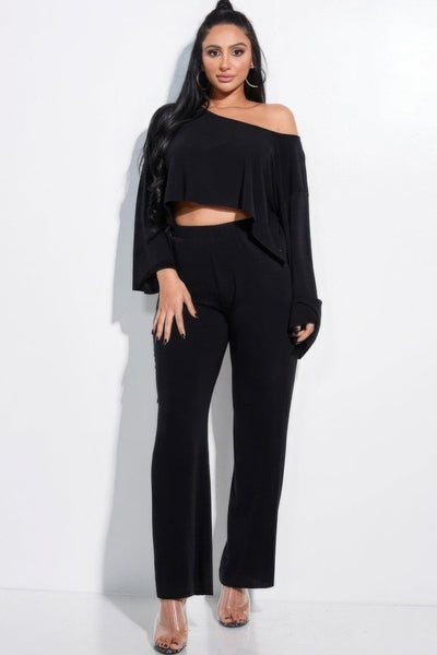 Solid French Terry Long Slouchy Long Sleeve Top And Pants With Pockets Two Piece Set - AMIClubwear