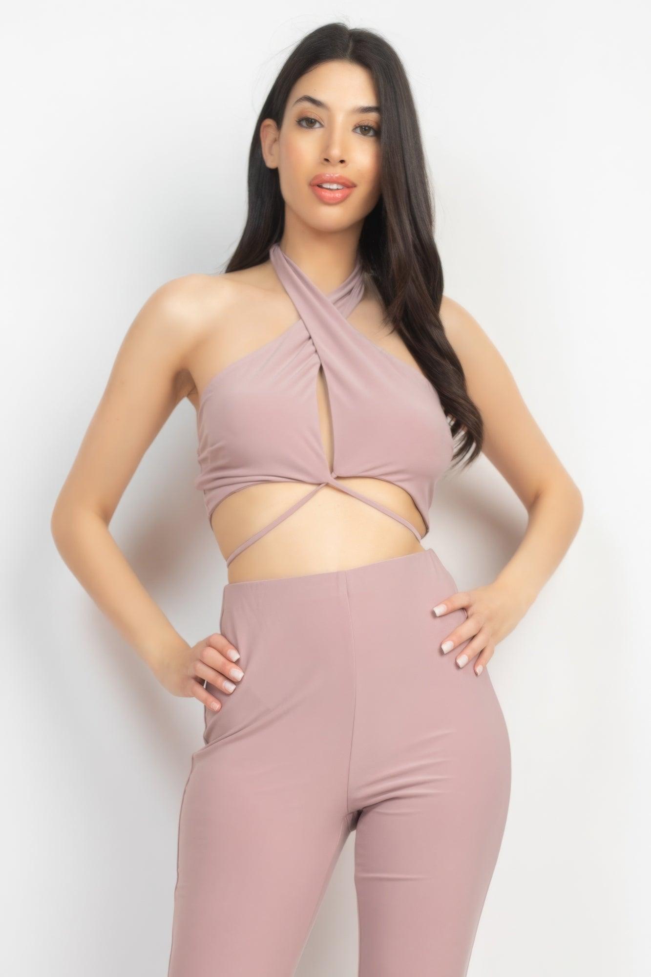 Solid Halter Top And Elastic Leggings Set - AMIClubwear