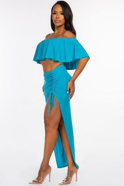 Solid Ity Off The Shoulder Ruffled Cropped Top And Ruched Maxi Skirt Two Piece Set - AMIClubwear