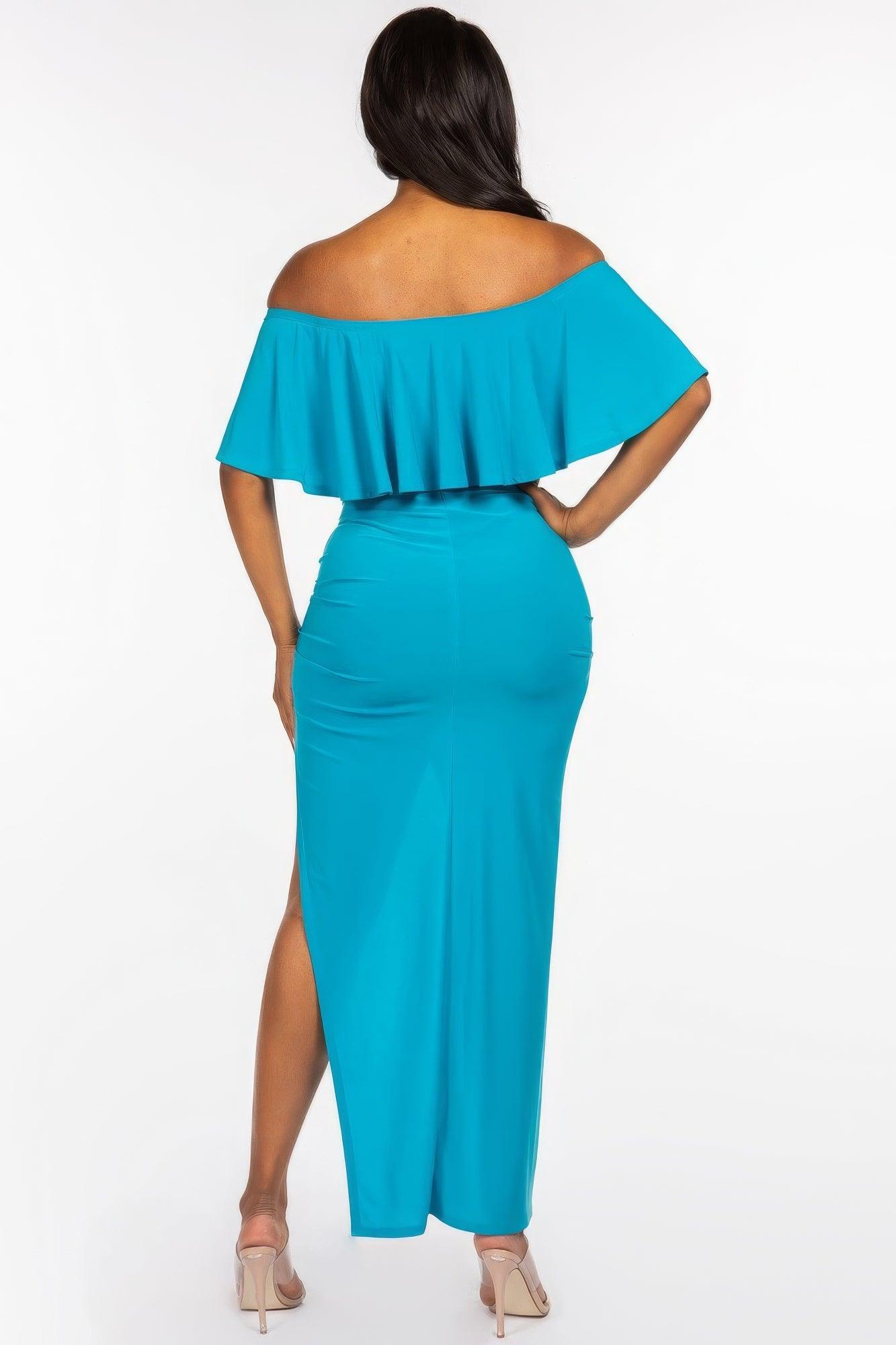 Solid Ity Off The Shoulder Ruffled Cropped Top And Ruched Maxi Skirt Two Piece Set - AMIClubwear