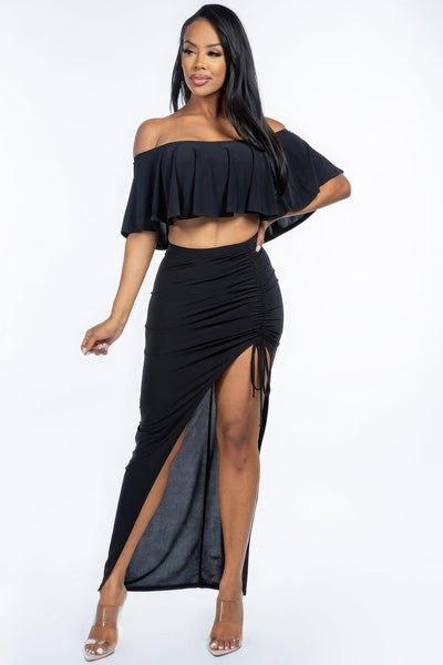 Solid Ity Off The Shoulder Ruffled Cropped Top And Ruched Maxi Skirt Two Piece Set - AMIClubwear