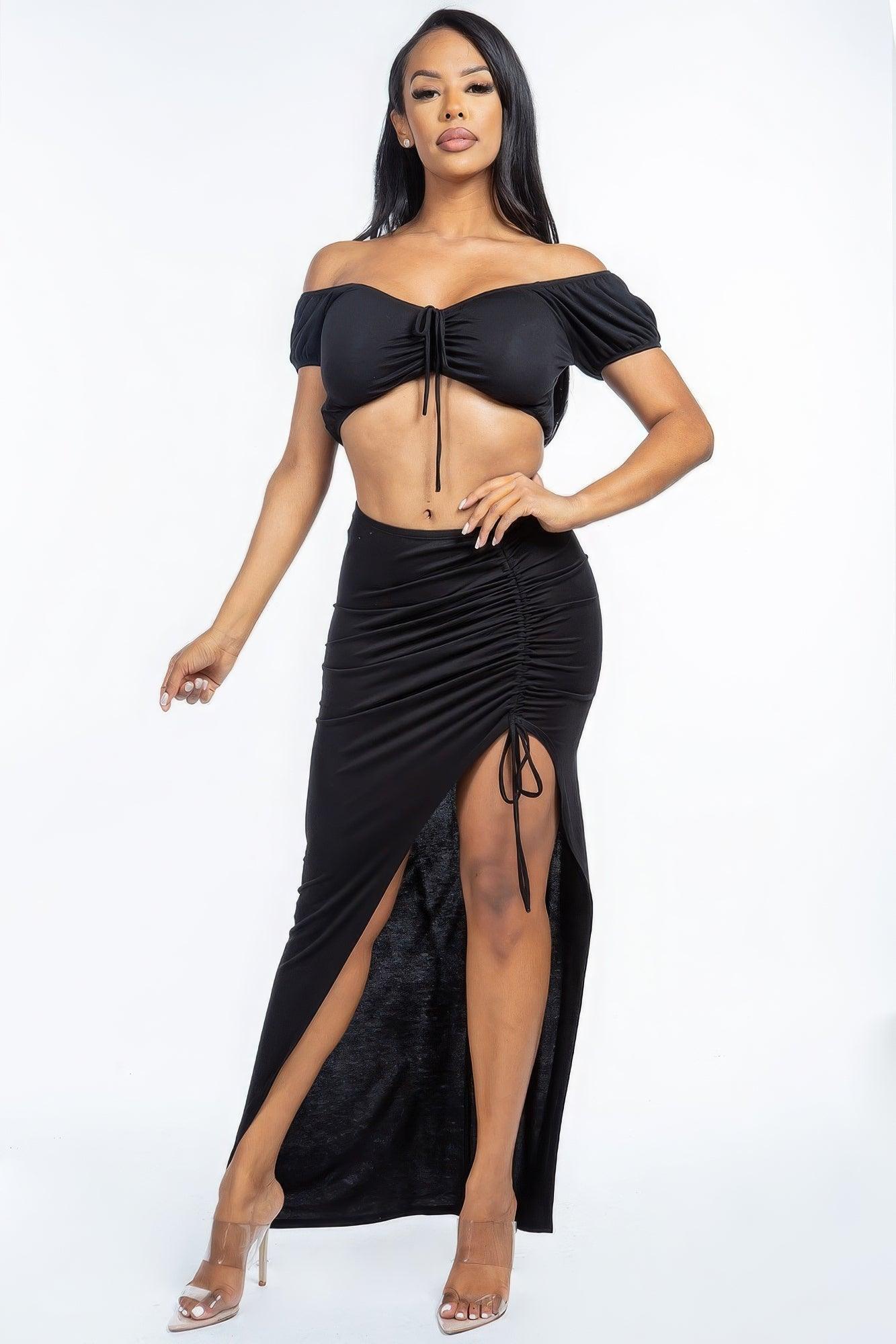 Solid Ruched Front Off The Shoulder Short Sleeve Cropped Top And Side Ruched Asymmetrical Skirt Two Piece Set - AMIClubwear