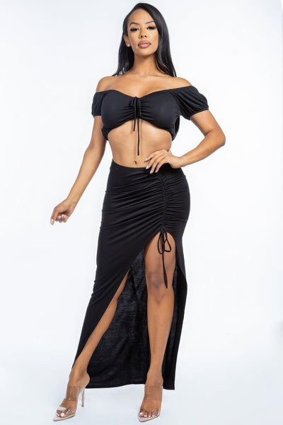 Solid Ruched Front Off The Shoulder Short Sleeve Cropped Top And Side Ruched Asymmetrical Skirt Two Piece Set - AMIClubwear