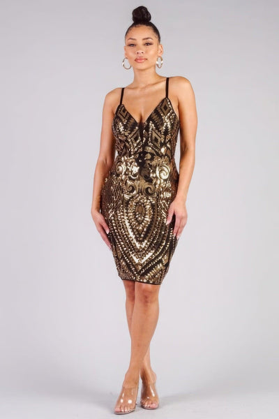 Spaghetti Strap Holiday Sequins Plunge Mini Dress - AMIClubwear