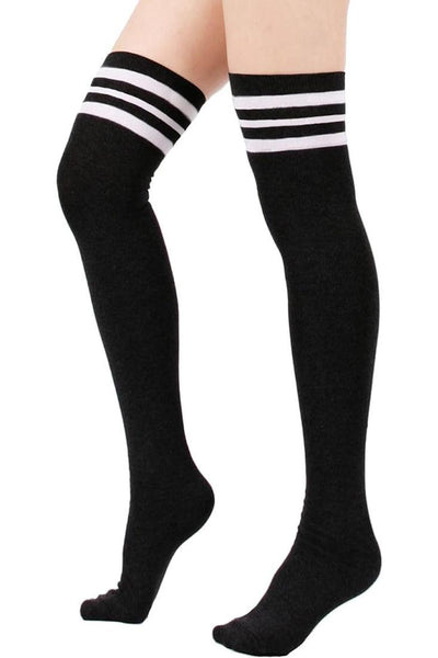 Black White Stripes Thigh High Socks Knee Stocking - AMIClubwear