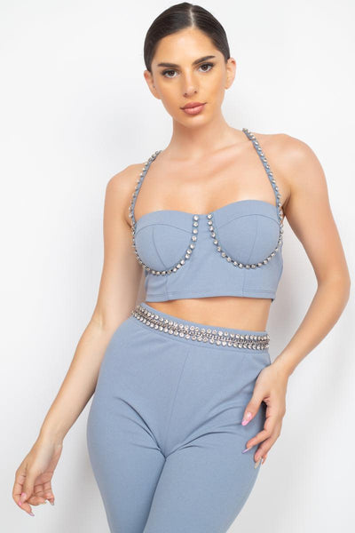 Stone Embellished Top And Pants Set - AMIClubwear