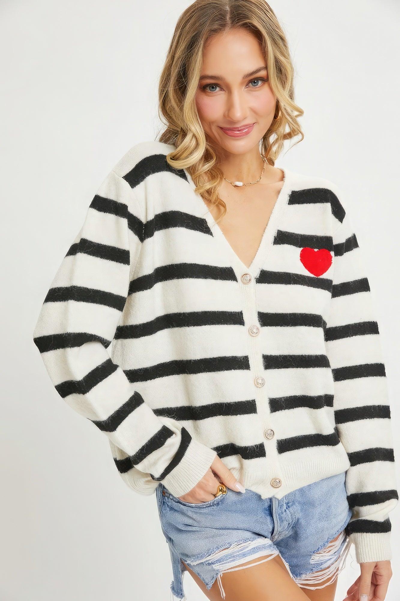 Striped Cardigan With Heart Patch - AMIClubwear