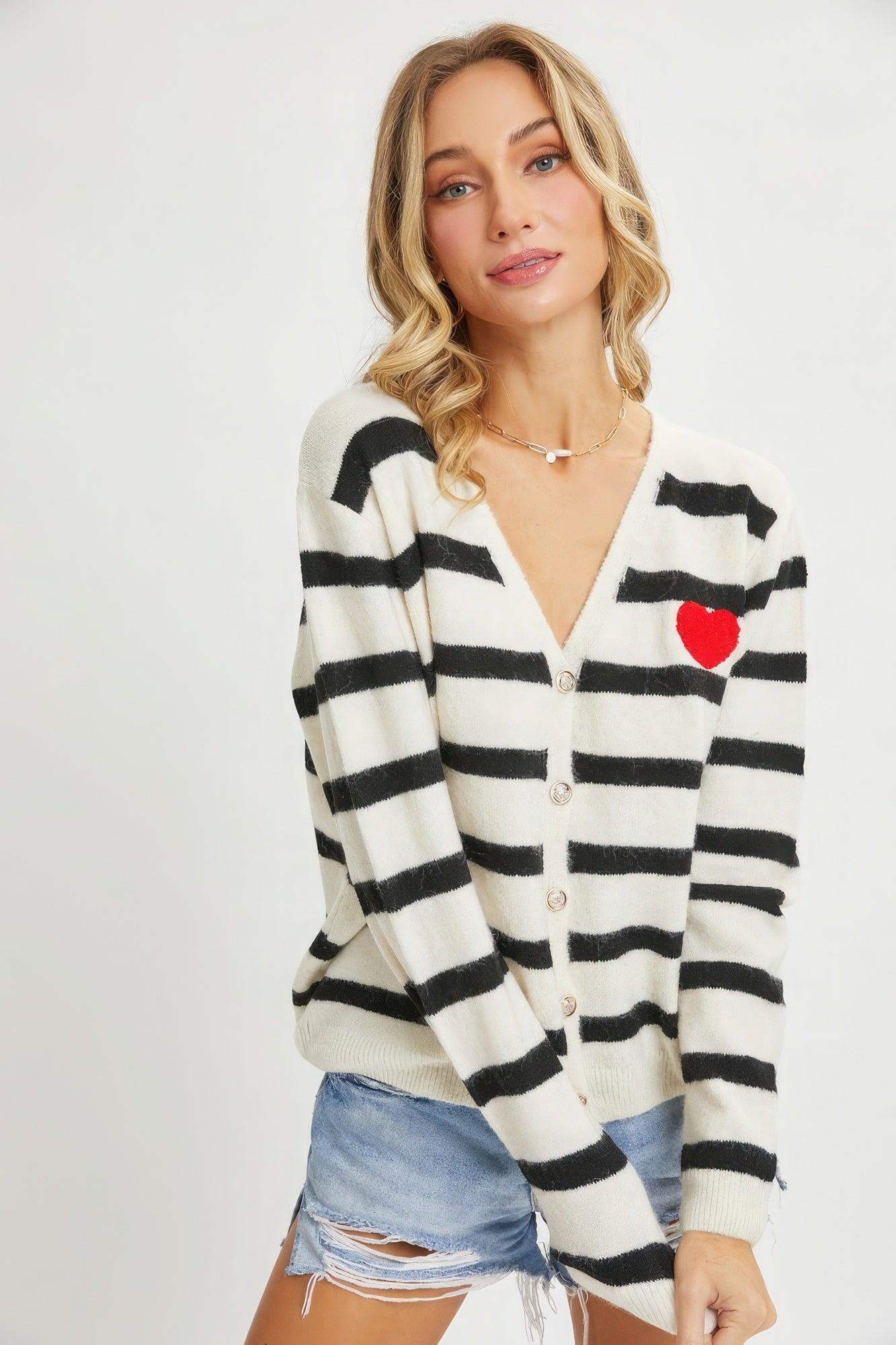 Striped Cardigan With Heart Patch - AMIClubwear