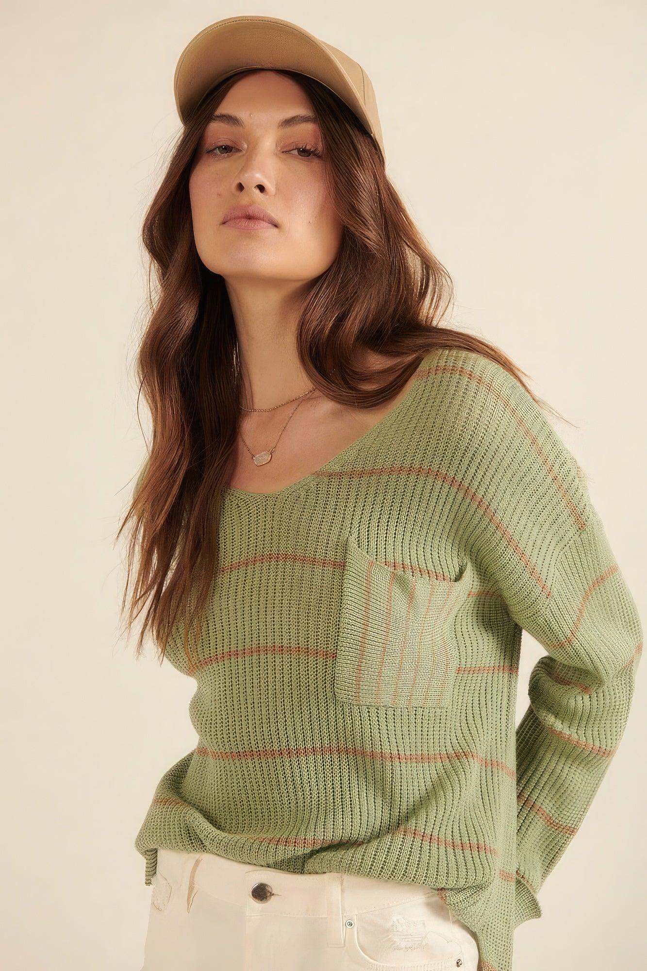 Striped Rib-knit Oversized Pocket Sweater - AMIClubwear