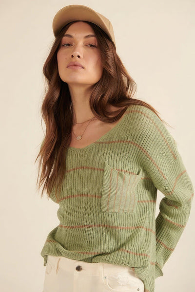 Striped Rib-knit Oversized Pocket Sweater - AMIClubwear