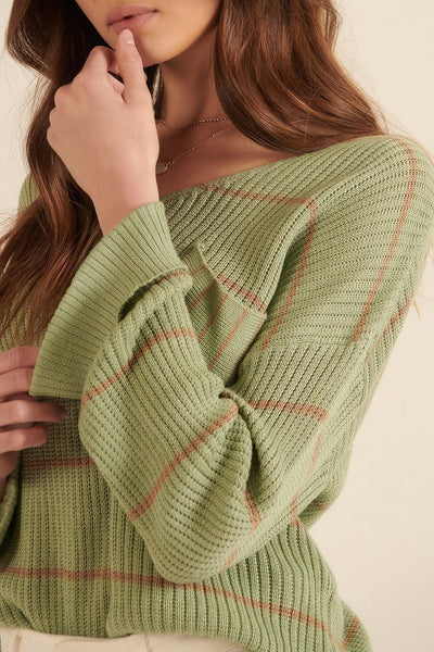 Striped Rib-knit Oversized Pocket Sweater - AMIClubwear