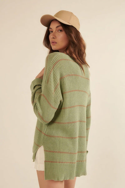 Striped Rib-knit Oversized Pocket Sweater - AMIClubwear